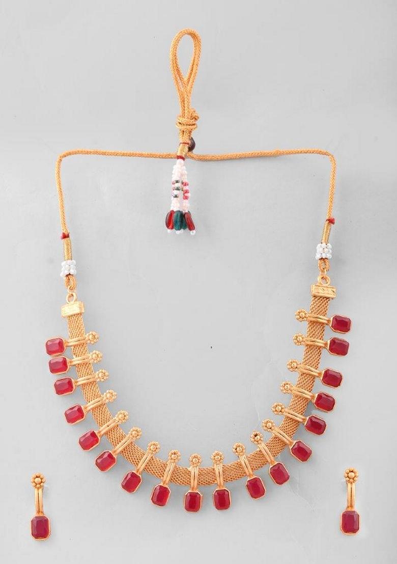 Gold Plated Stone Studded Necklace And Earrings Set