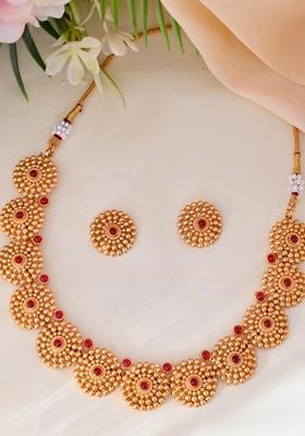 Gold Plated Circurlar Designed Necklace With Earrings Set