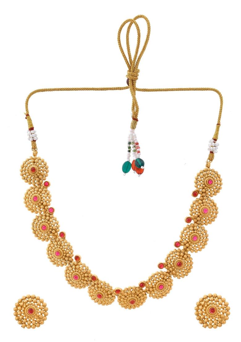 Gold Plated Circurlar Designed Necklace With Earrings Set