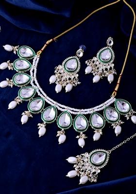 Gold Plated Studded Choker With Earrings And Maang Tikka Set