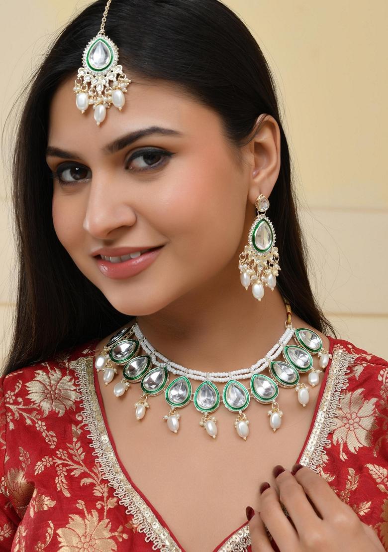 Gold Plated Studded Choker With Earrings And Maang Tikka Set