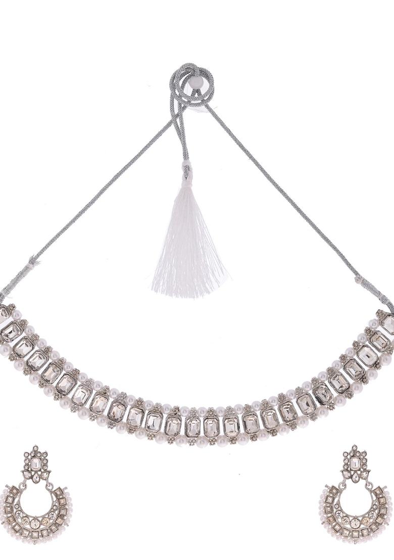 Silver Plated Stone Studded Necklace Set With Maang Tikka