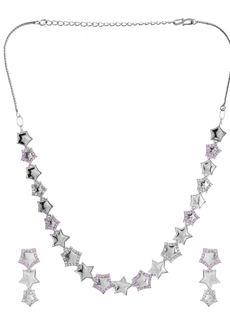 Silver Plated Star Shaped Necklace With Earrings Set