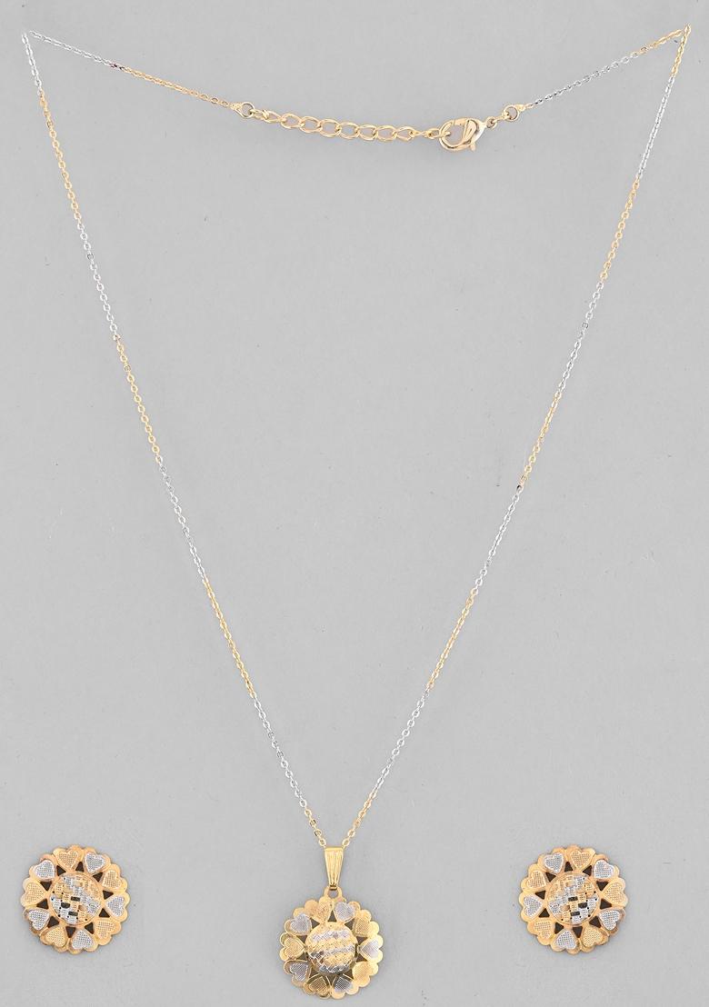 Gold Plated Chain With Flower Shaped Pandent And Earrings