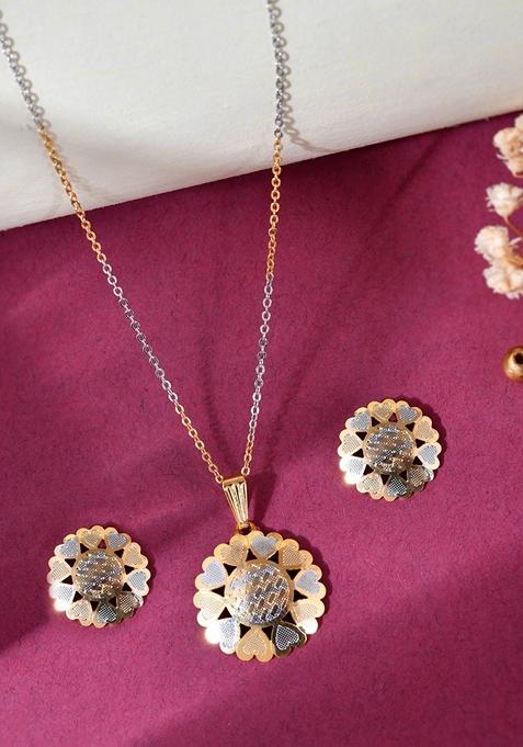 Gold Plated Chain With Flower Shaped Pandent And Earrings