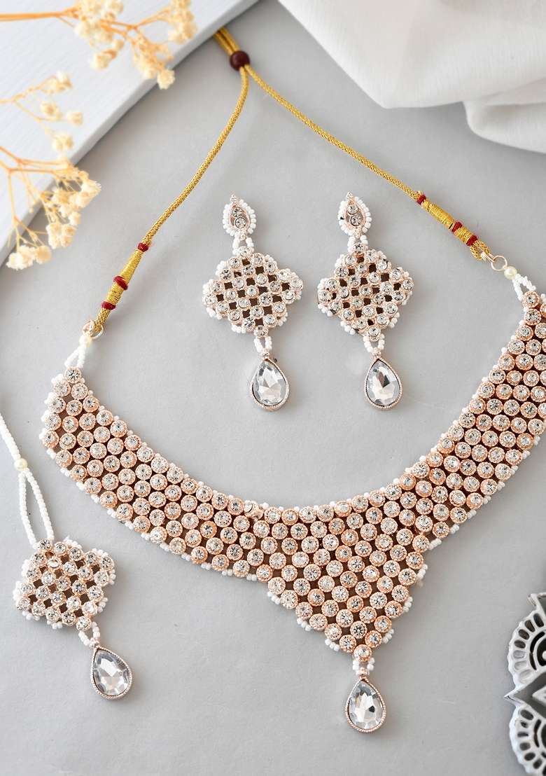 Silver Plated Party Wear Ad Choker Necklace Necklace Set - Indya