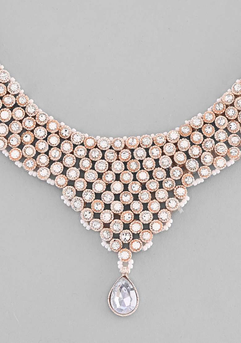 Silver Plated Party Wear Ad Choker Necklace Necklace Set - Indya