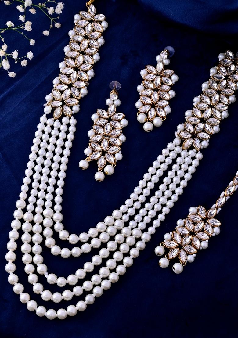 White Pearl And Kundan Necklace With Earrings And Maang Tikka Set