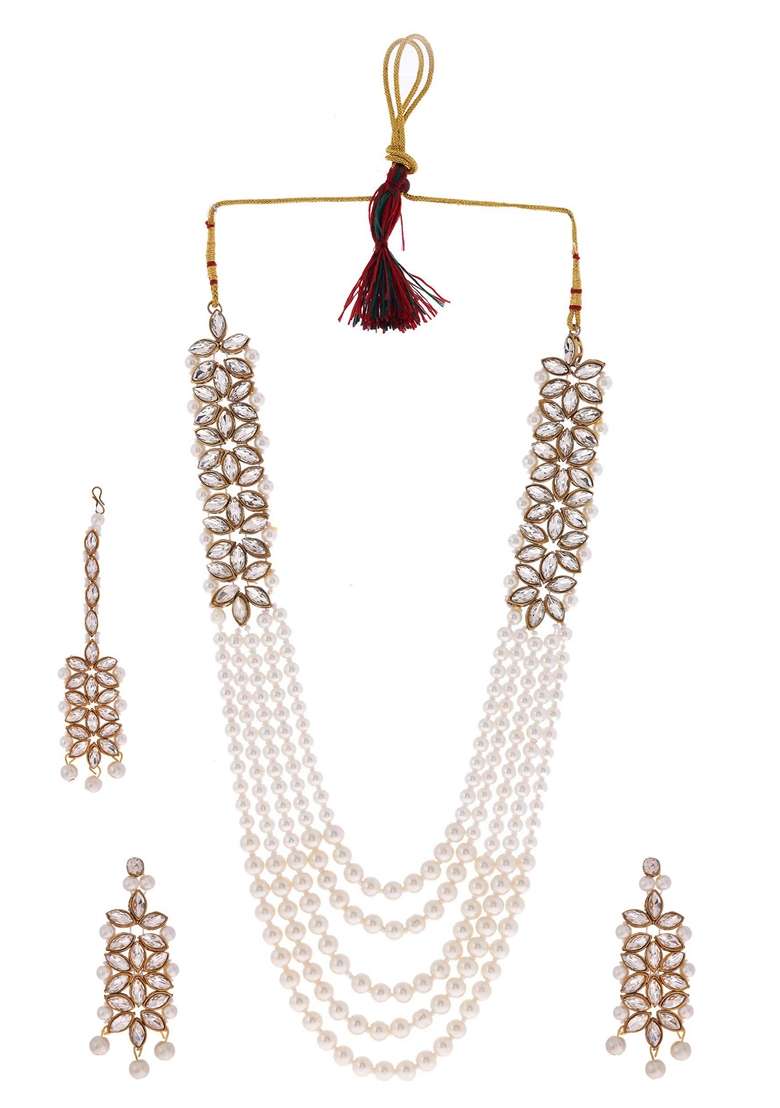 White Pearl And Kundan Necklace With Earrings And Maang Tikka Set - Indya