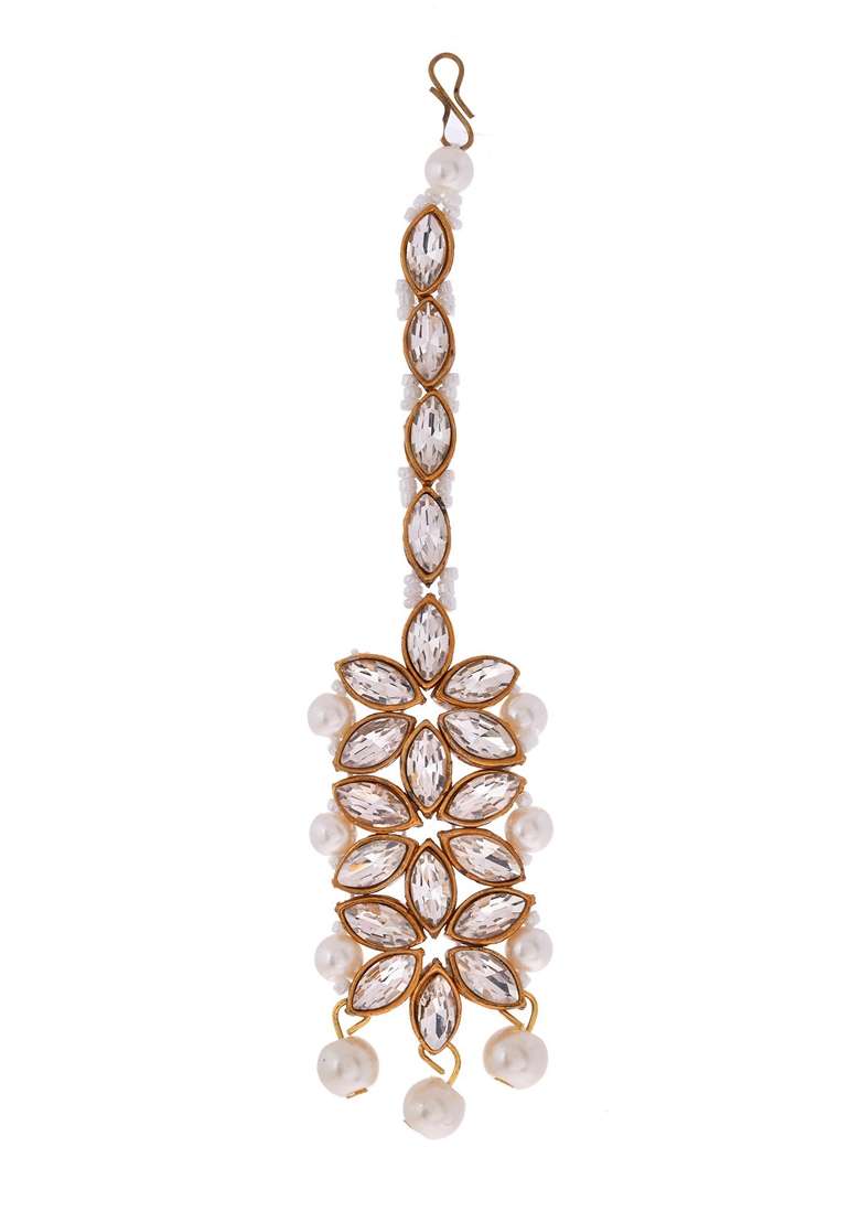 White Pearl And Kundan Necklace With Earrings And Maang Tikka Set - Indya