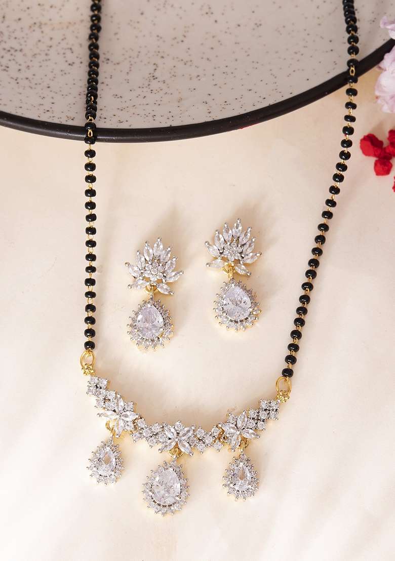 Gold Toned Ad Stone Studded Tear Drop Design Mangalsutra Set - Indya