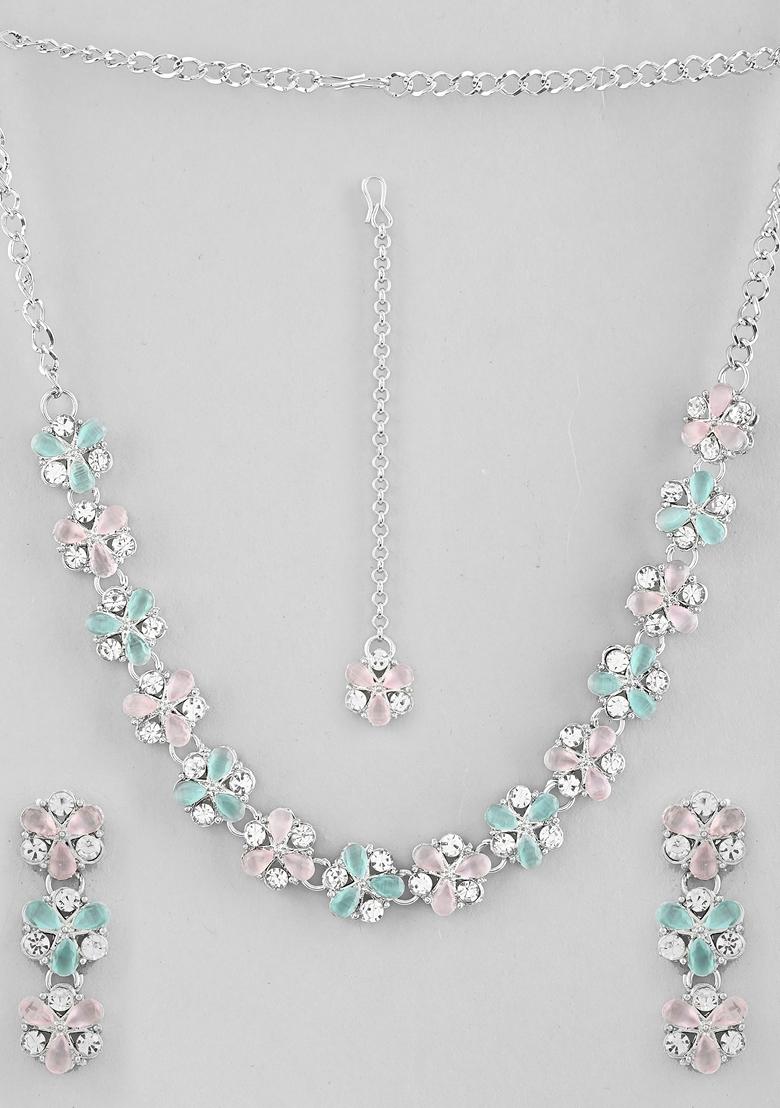 Nude Green And Light Pink Flower Necklace Set With Mangtikka