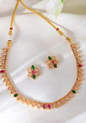 Gold Tone Stone Studded Drop Shaped Necklace Set