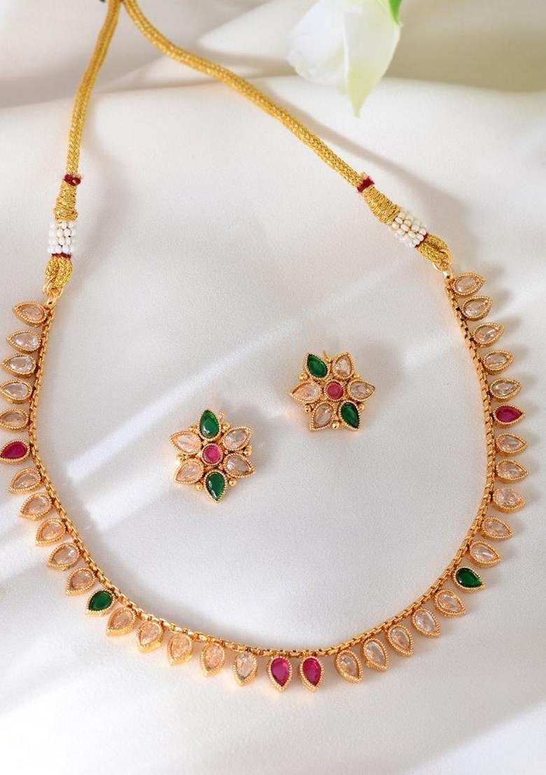 Gold Tone Stone Studded Drop Shaped Necklace Set - Indya