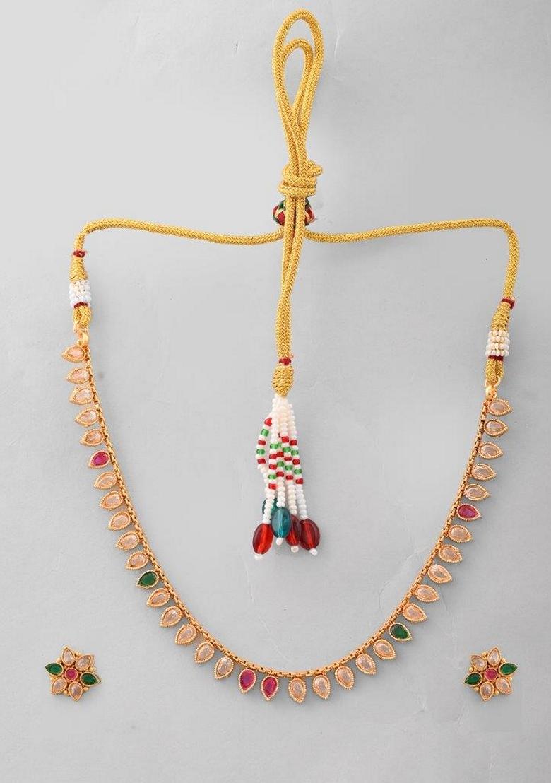 Gold Tone Stone Studded Drop Shaped Necklace Set
