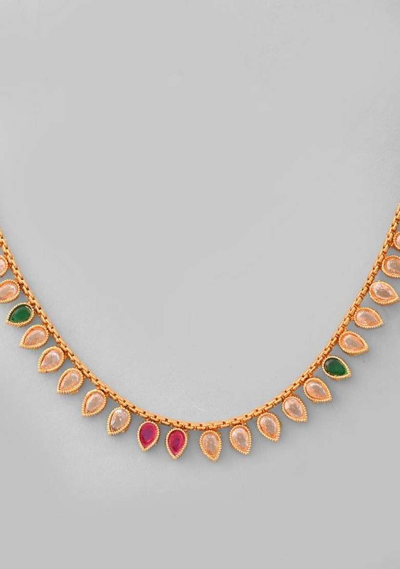 Gold Tone Stone Studded Drop Shaped Necklace Set - Indya