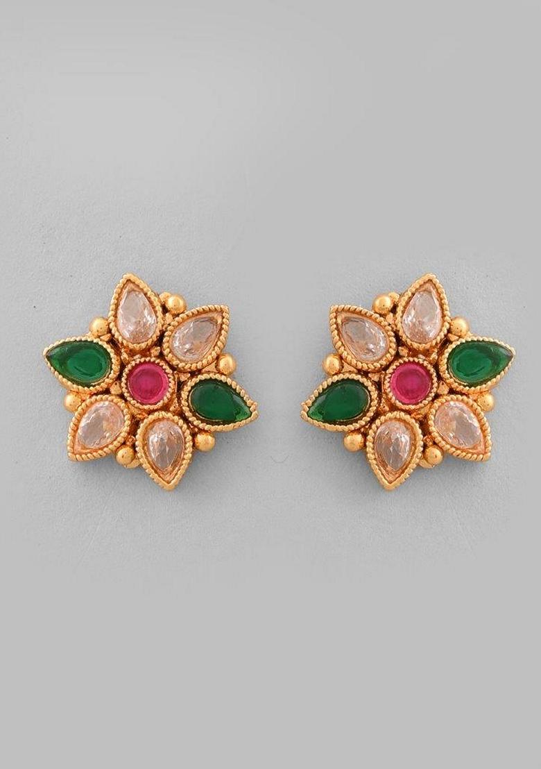 Gold Tone Stone Studded Drop Shaped Necklace Set