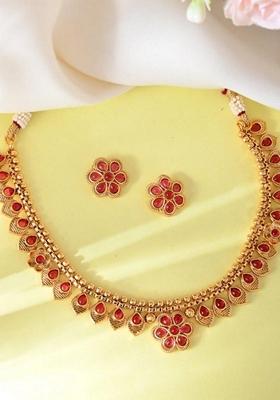 Gold Plated Flower Shaped Ruby Stone Studded Necklace Set