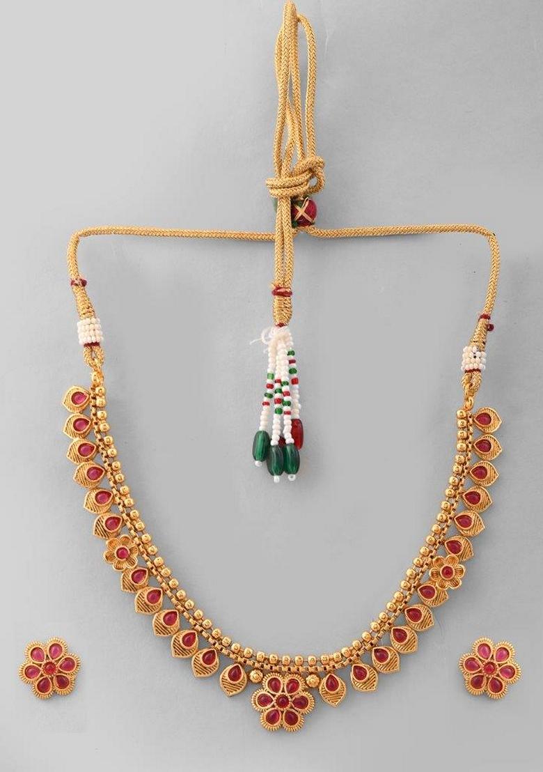 Gold Plated Flower Shaped Ruby Stone Studded Necklace Set