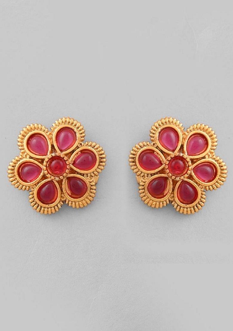 Gold Plated Flower Shaped Ruby Stone Studded Necklace Set