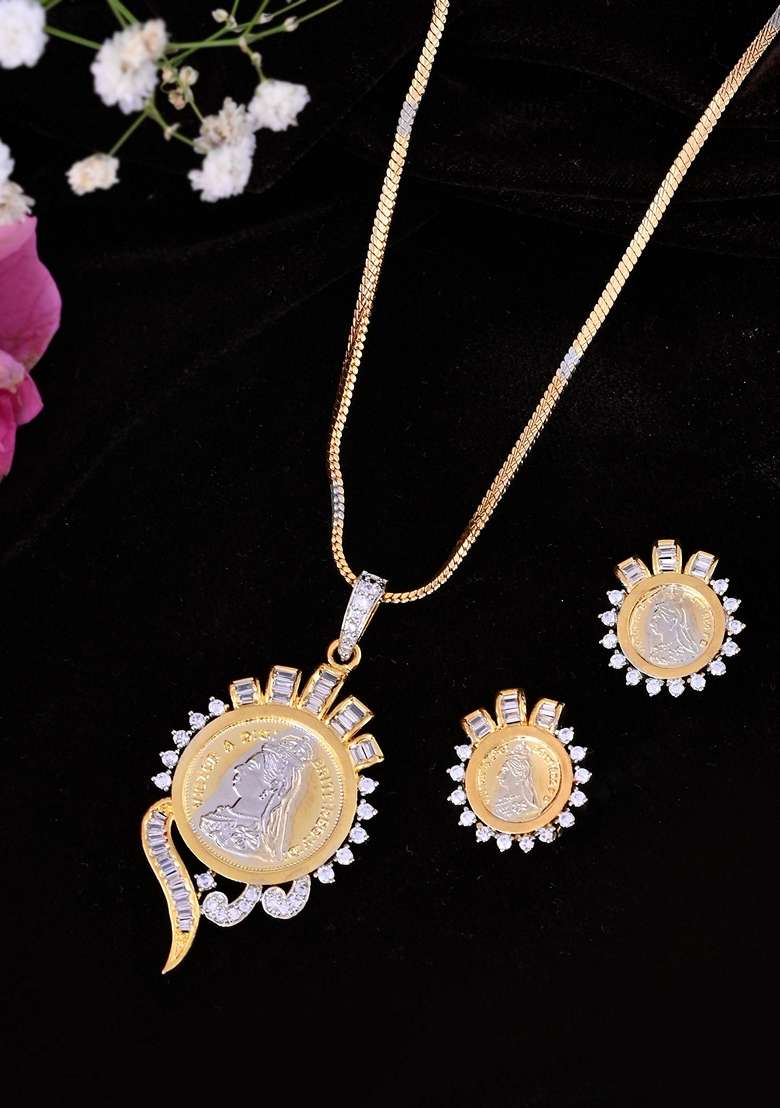 Gold Dual Toned Ad Studded Plated Coin Chain Set - Indya
