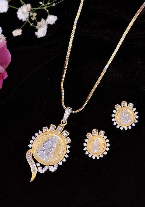 Gold Dual Toned Ad Studded Plated Coin Chain Set