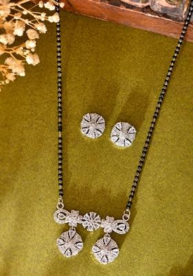 Silver Plated Black Beaded Ad Studded Chain Mangalsutra Set
