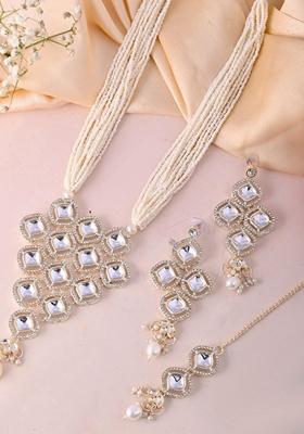 White Stone With Beaded Long Necklace Set