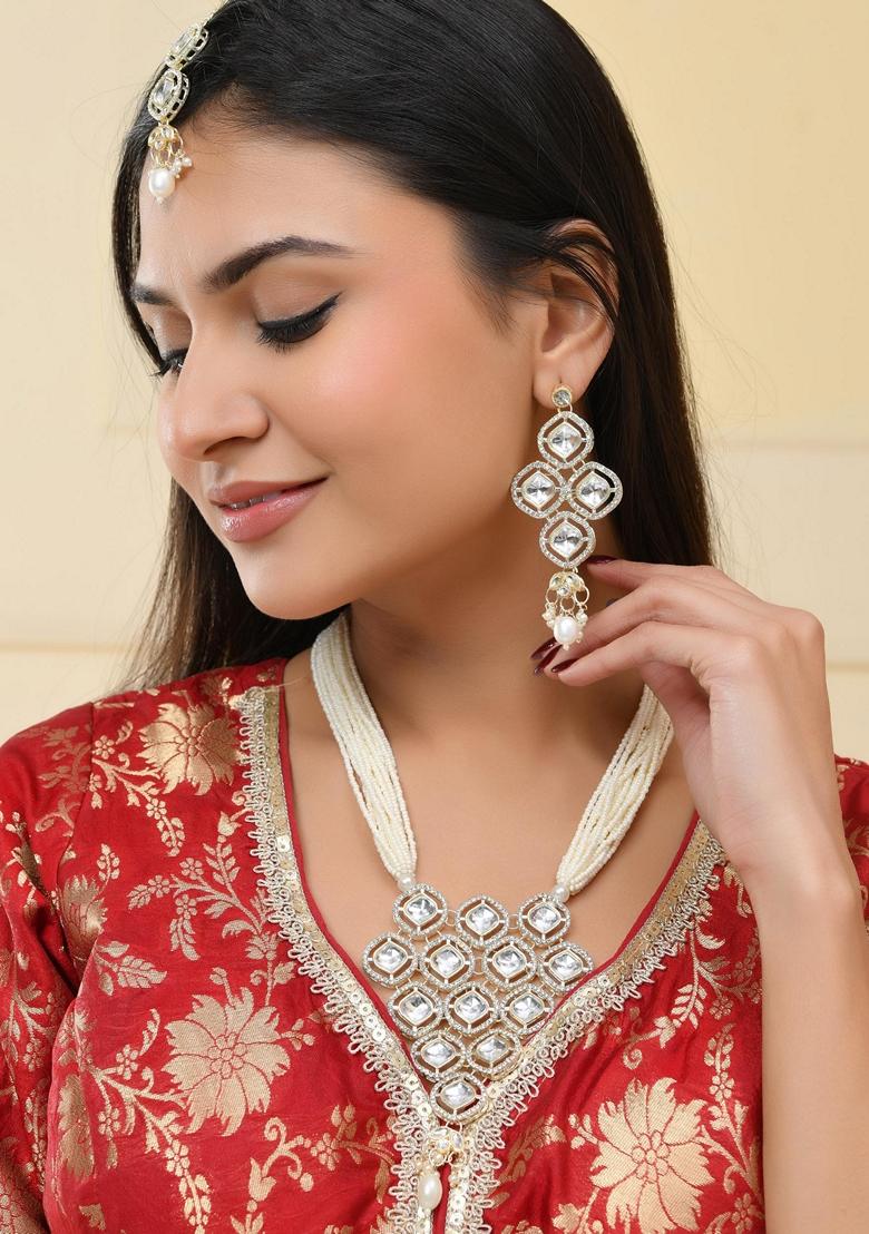 White Stone With Beaded Long Necklace Set