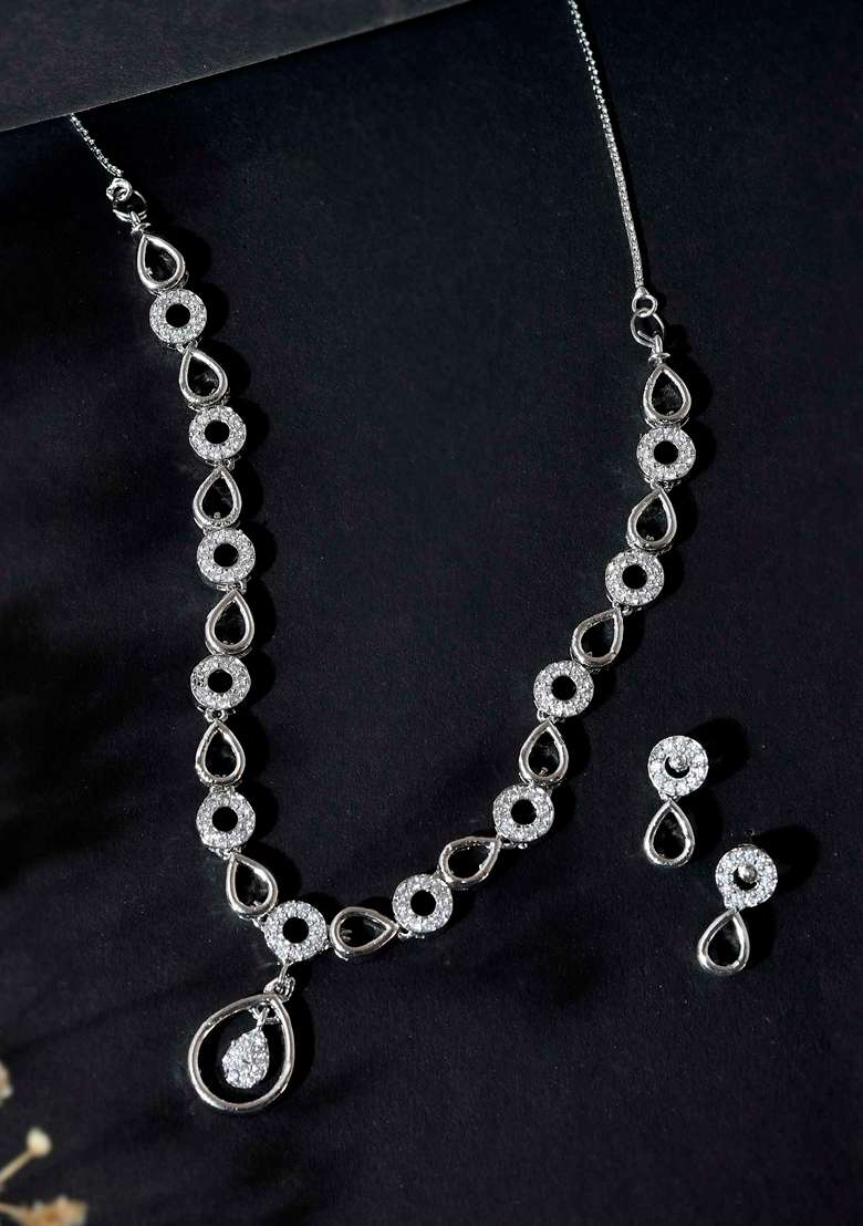 Silver Plated Ad Studded Designer Necklace Set - Indya