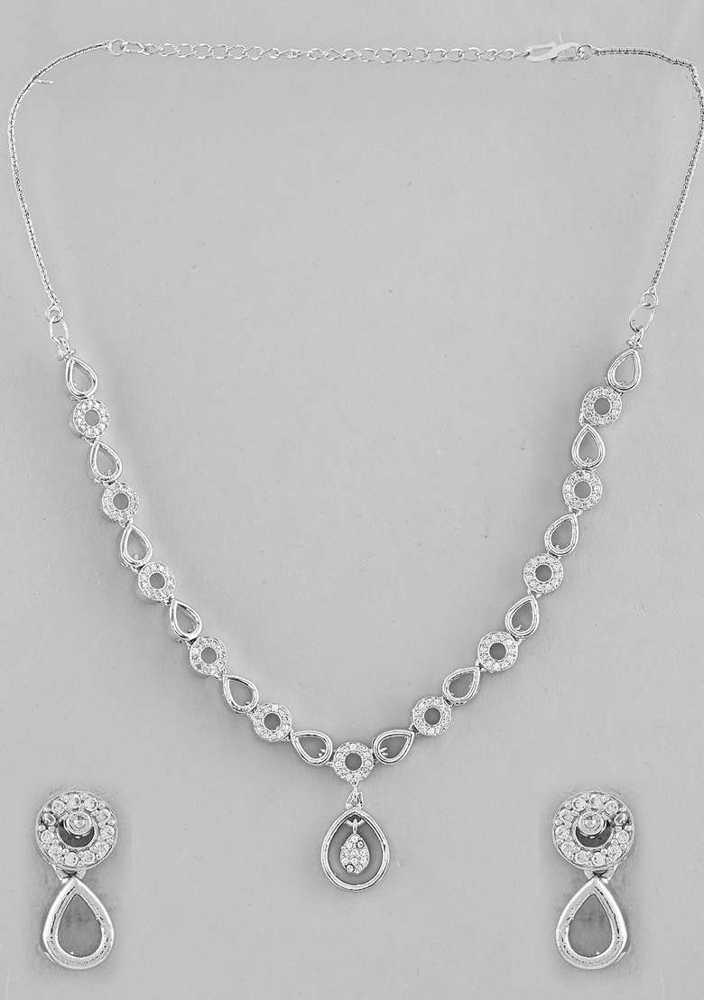 Silver Plated Ad Studded Designer Necklace Set - Indya
