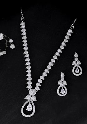 Silver Plated Ad Studded Designer Necklace With Earrings Set