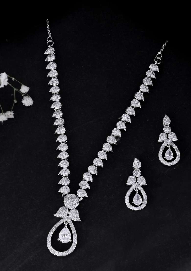 Silver Plated Ad Studded Designer Necklace With Earrings Set - Indya