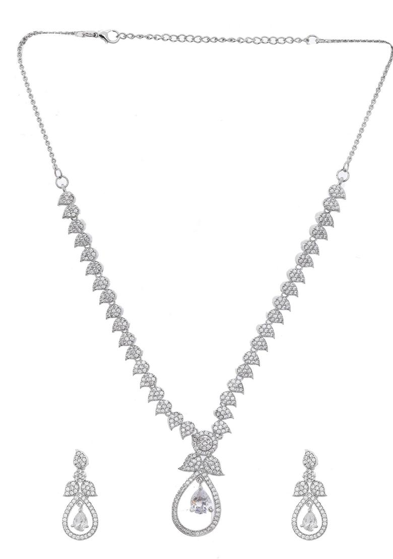 Silver Plated Ad Studded Designer Necklace With Earrings Set