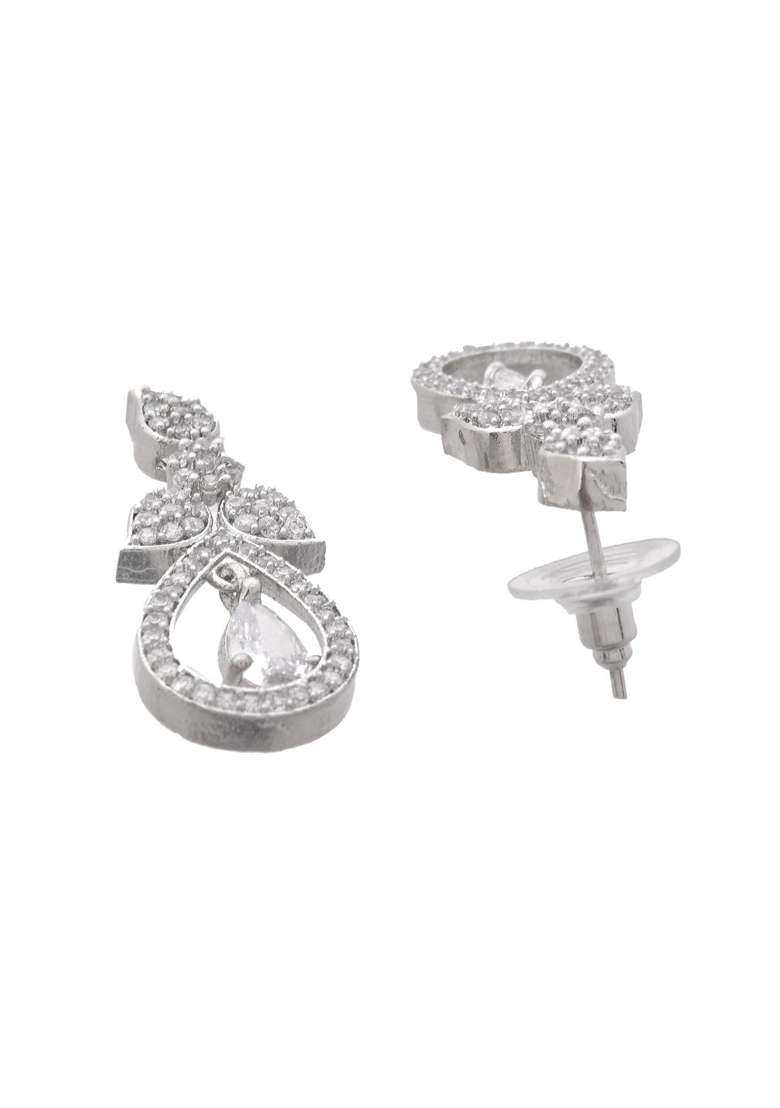 Silver Plated Ad Studded Designer Necklace With Earrings Set - Indya