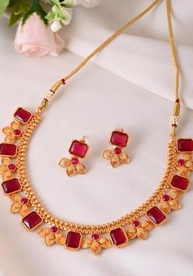 Gold Plated Traditional Maroon Stone Studded Necklace Set
