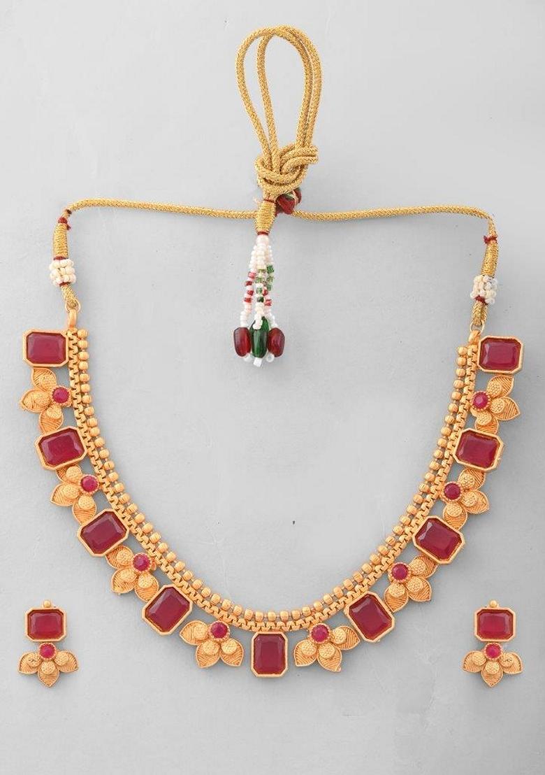 Gold Plated Traditional Maroon Stone Studded Necklace Set