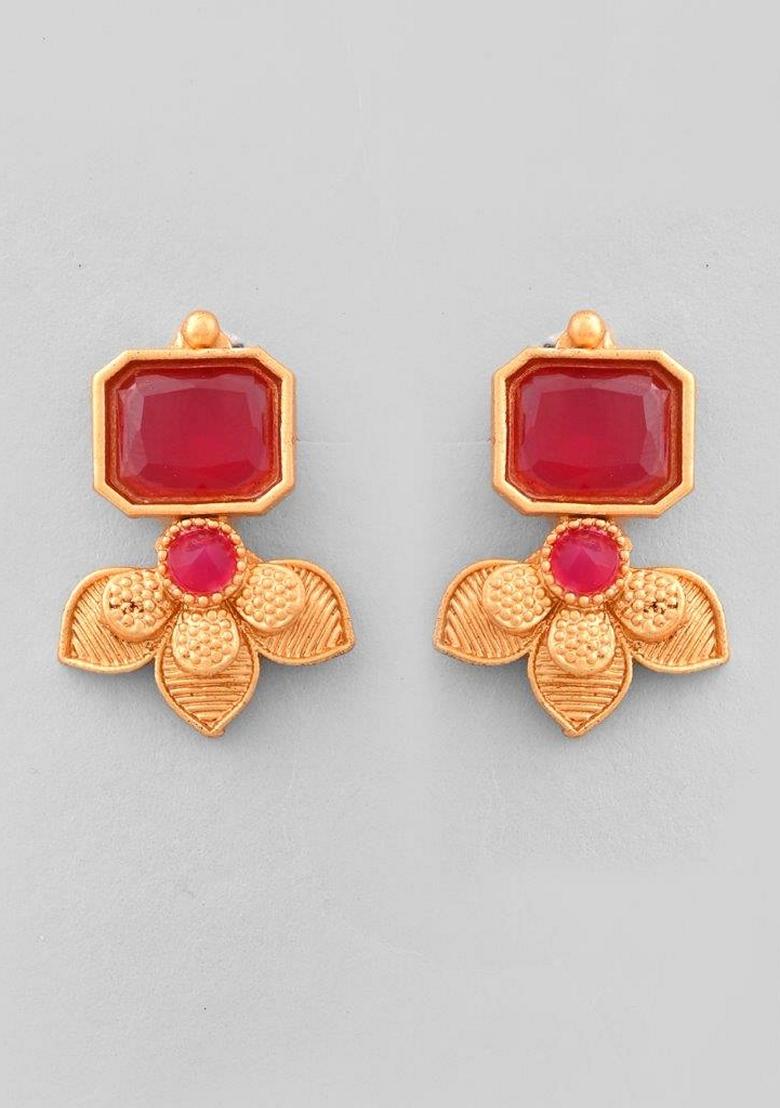 Gold Plated Traditional Maroon Stone Studded Necklace Set