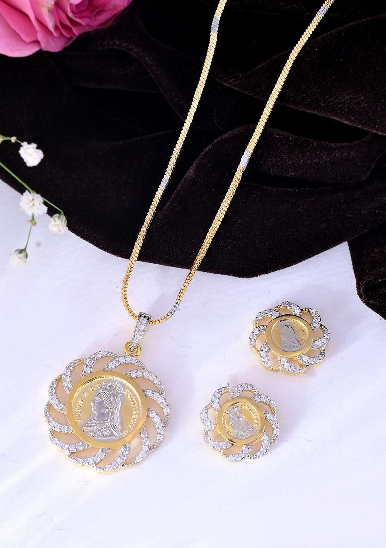 Gold Dual Toned Ad Studded Coin Chain Set - Indya