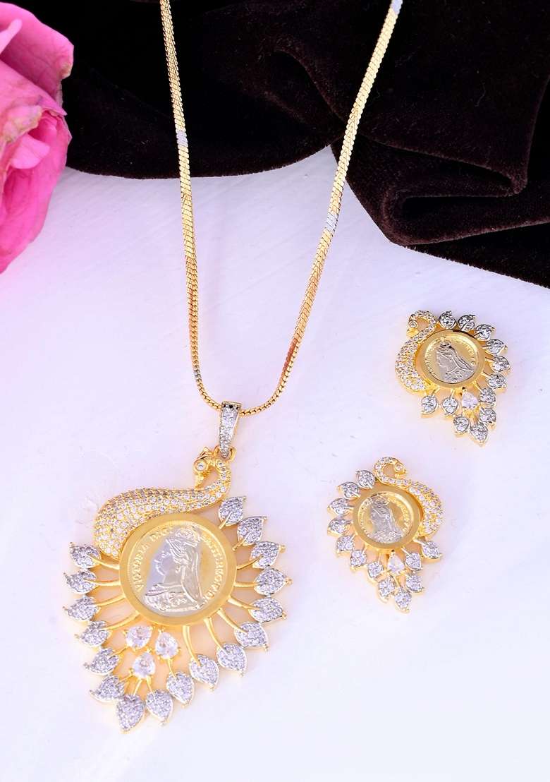 Gold Dual Toned Ad Studded Peacock Shaped Chain Set - Indya