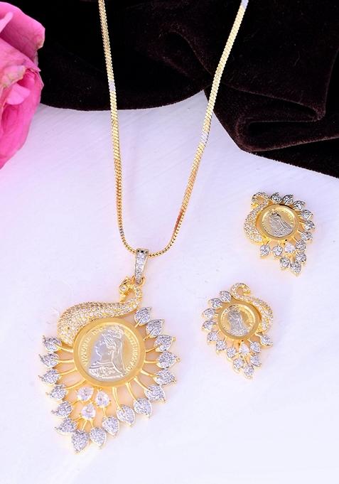 Gold Dual Toned Ad Studded Peacock Shaped Chain Set