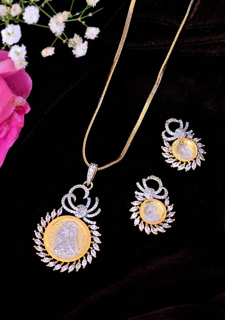 Gold Dual Toned Ad Studded Crown Chain Set - Indya