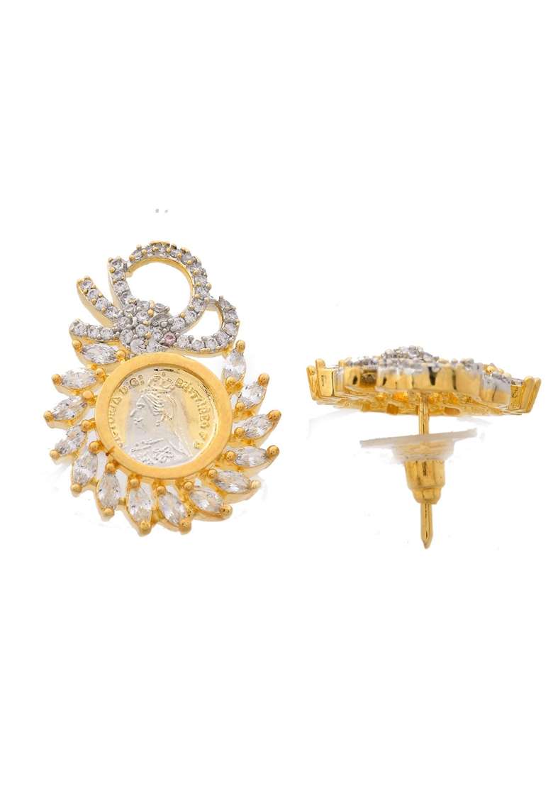 Gold Dual Toned Ad Studded Crown Chain Set - Indya