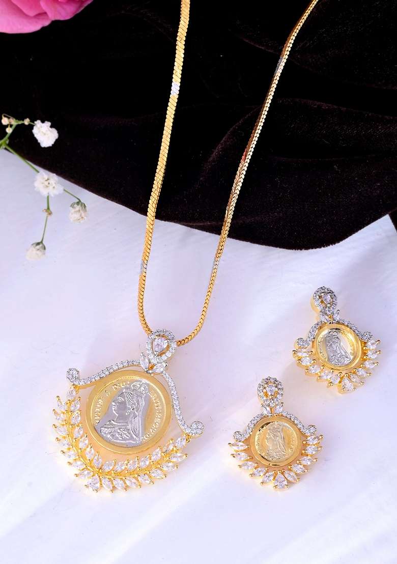 Gold Dual Toned Ad Studded Designer Pendant With Chain And Earrings Set - Indya