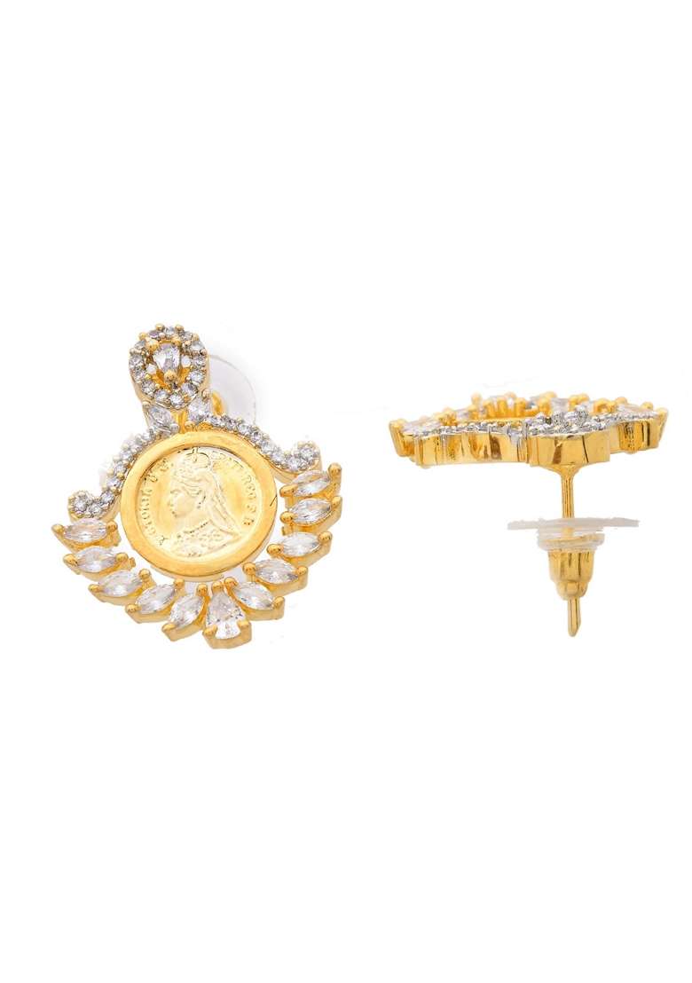 Gold Dual Toned Ad Studded Designer Pendant With Chain And Earrings Set - Indya