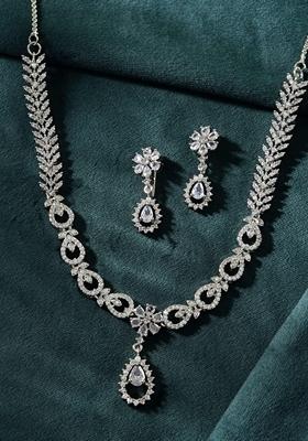 Silver Plated Ad Stone Studded Necklace With Earrings Set