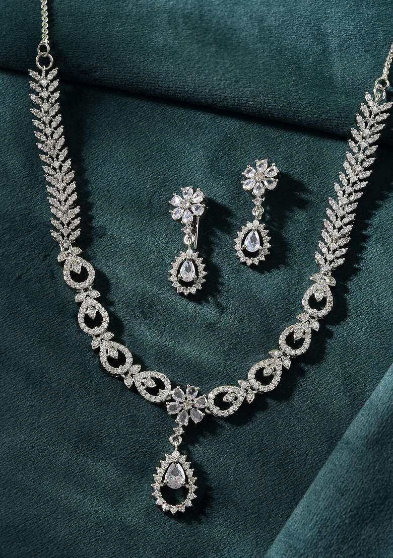 Silver Plated Ad Stone Studded Necklace With Earrings Set - Indya