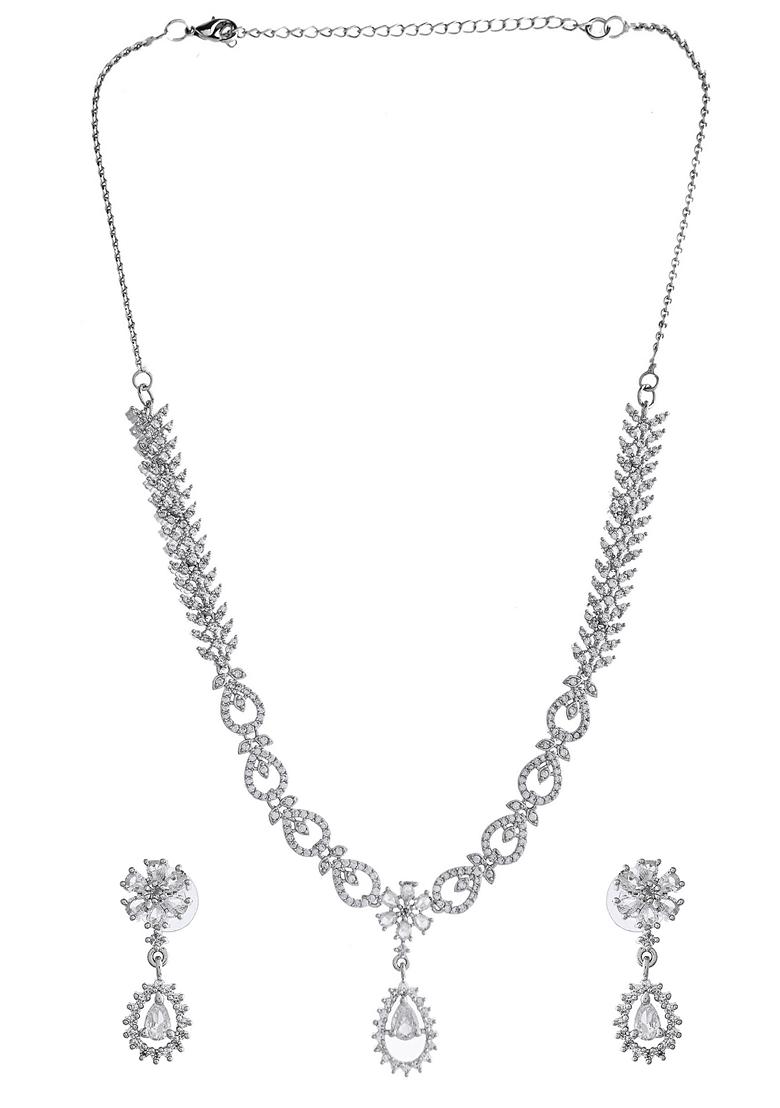Silver Plated Ad Stone Studded Necklace With Earrings Set