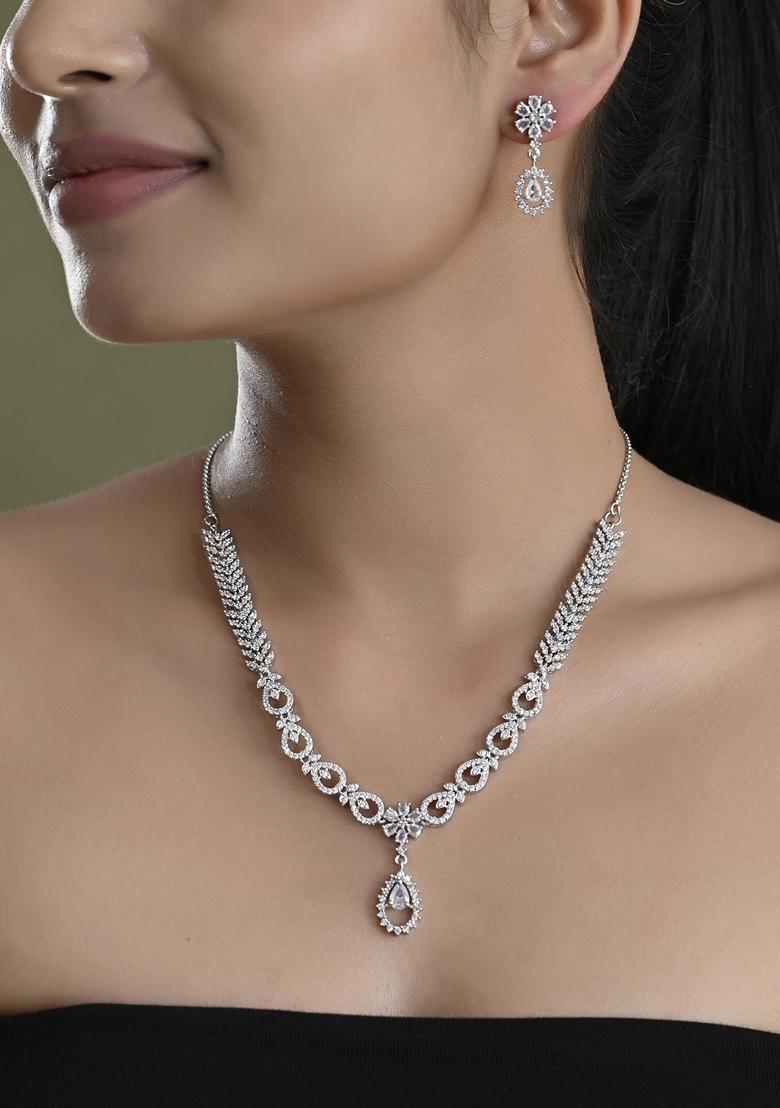Silver Plated Ad Stone Studded Necklace With Earrings Set