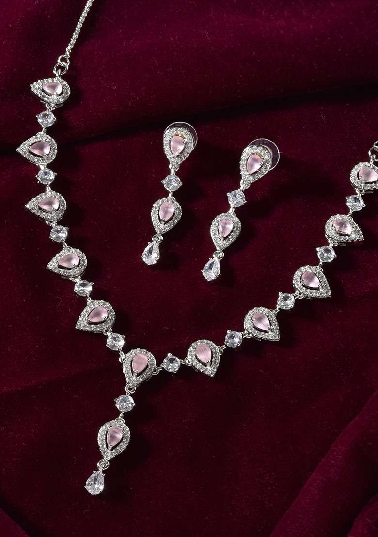 Baby Pink Stone Tear Drop Shaped Ad Necklace Set - Indya